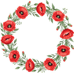 Red poppy wreath, floral circle, green leaves, seasonal decor, nature illustration, botanical design, elegant frame, realistic artwork, invitation element, symmetry
