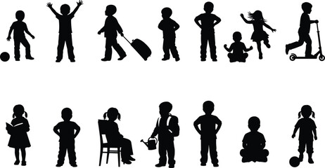 Children Silhouettes Doing Various Activities Set, Playing, Reading, Traveling, and Posing Kids, Boys and Girls Vector Illustration Collection, Child Development Graphic Elements