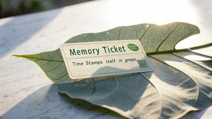 Memory Ticket on Leaf with Natural Light and Shadows Creating Unique Atmosphere for Concept of Nature and Remembrance