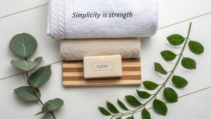 Minimalist Bath Setup with Soft Towels, Natural Soap, and Greenery to Promote Clean and Relaxing Atmosphere