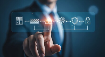 Businessman touching digital screen showing cybersecurity threat protection flow digital security