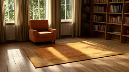 Fototapeta premium Cozy vintage living room with orange armchair, patterned rug, wooden floor, and bookshelf
