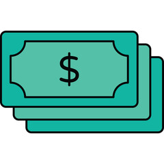 Stack of Teal Colored Paper Money with Dollar Sign Illustration on Transparent Background