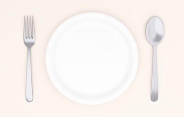 3Dイラスト_皿とカトラリー_白