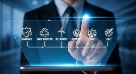 Businessman touching holographic screen with icons for compliance waste reduction green energy community