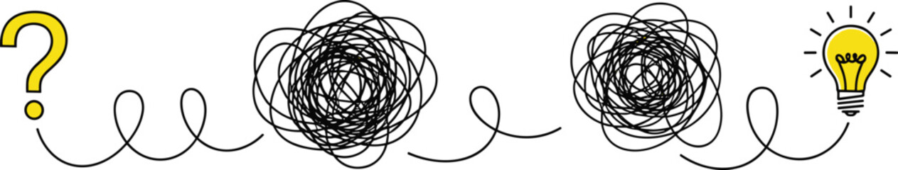 Problem-solving, complex challenge, and idea generation process from question mark through confused chaos to sudden brilliant glowing lightbulb success.
