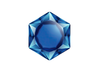 Hexagonal Cut Blue Gemstone with Faceted Edges and Inner Reflection on Black Background