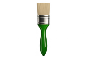 Paintbrush with green handle and flat bristles, symbolizing artistry, creation, and home improvement, transparent background