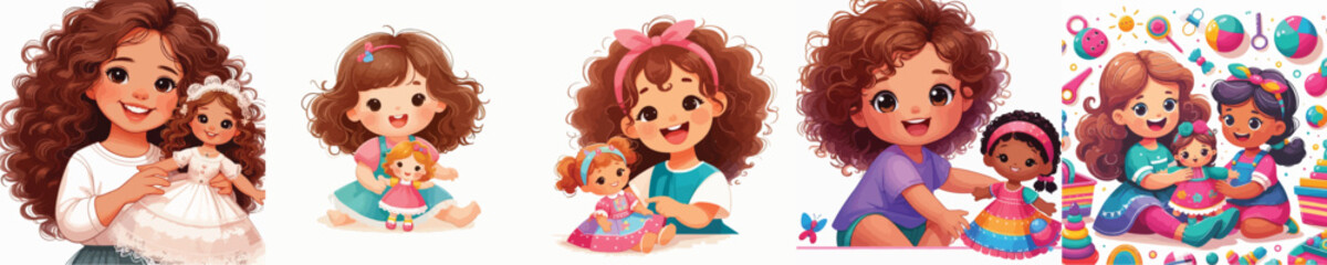 VECTOR IMAGE OF GIRL PLAYING WITH DOLL WITH WHITE BACKGROUND