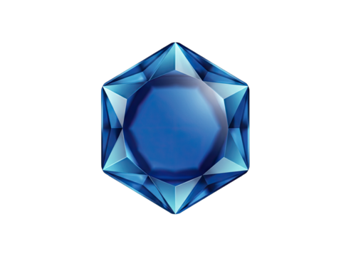 Hexagonal Cut Blue Gemstone with Faceted Edges and Inner Reflection on Black Background