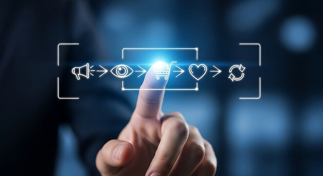 Finger touching glowing shopping cart icon in digital marketing flow diagram technology business