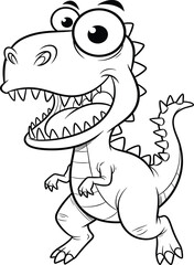 Cheerful Cartoon Tyrannosaurus Rex Line Art Coloring Page Outline Happy Dinosaur Character Illustration Black and White Vector Drawing Roaring Prehistoric Animal Mascot Design Isolated on White.