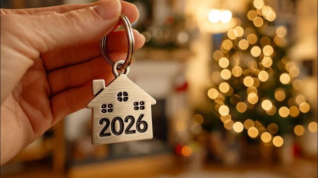 Hand holding house keychain with 2026 in front of Christmas tree  