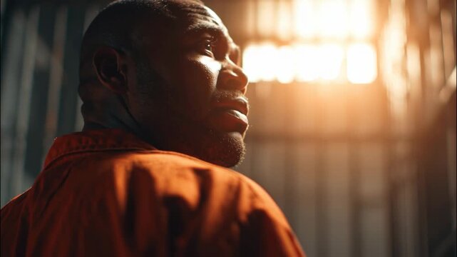 Black man in orange jumpsuit looking back with sunlight in background  