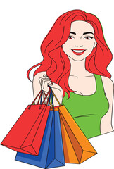 Beautiful young woman with bright red hair happily holding colorful shopping bags after successful purchase on Black Friday or holiday sale vector illustration.