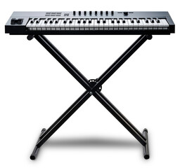 Black Synthesizer or MIDI controller keyboard is shown, featuring keys, knobs, and control buttons isolated on white background, Keyboard on White Background With clipping path.