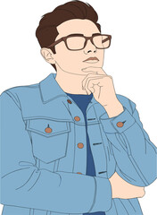 Thoughtful Young Man in Denim Jacket and Glasses Pondering a New Idea, Representing Thinking, Problem-Solving, Creativity, Planning, and Business Strategy or Decision Making.