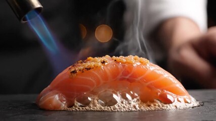 Flame-grilled salmon preparation culinary studio food photography professional kitchen close-up gastronomic art