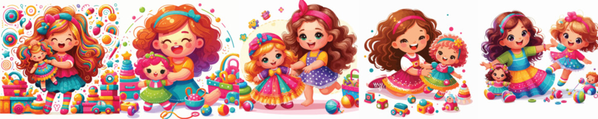 VECTOR IMAGE OF GIRL PLAYING WITH DOLL WITH WHITE BACKGROUND