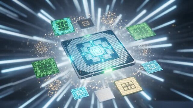 Clean futuristic microchips softly floating, silicon processors and microtech video