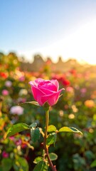 Pink rose in focus with blurred background of a sunny rose garden