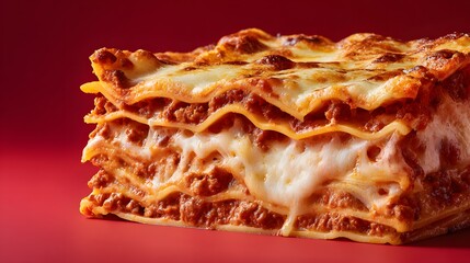 Delicious homemade lasagna with melted cheese and rich meat sauce on a vibrant red background.