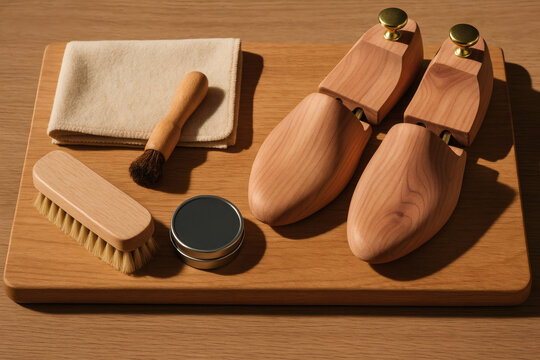 Neutral Shoe Brush, Dauber, Polish Tin, and Cedar Shoe Trees Arranged on Wooden Board with Crisp Shadows