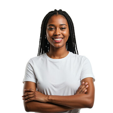 Confident black woman smiling with arms crossed wearing white t-shirt studio portrait isolated on transparent background