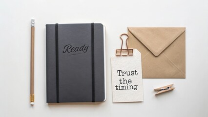Stylish flat lay composition with notebook, pencil, envelope, note card, and clothespin conveying motivation and creativity
