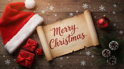 Merry Christmas Scroll with Santa Hat and Gifts on Wood