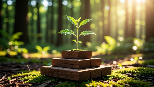 Young plant with dewdrops on wooden blocks in forest - Powered by Adobe