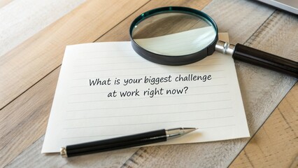 Thought-Provoking Challenge Reflection on Work with Pen and Magnifying Glass on Wooden Table