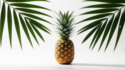 Pineapple with palm leaves and water droplets on white background