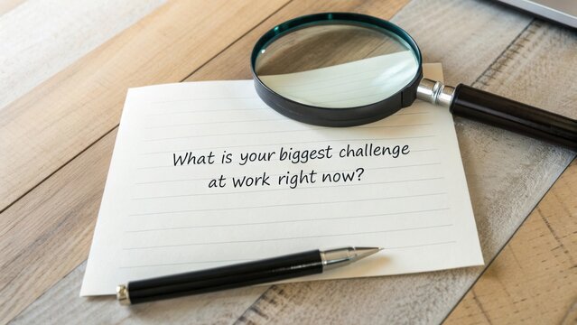 Thought-Provoking Challenge Reflection on Work with Pen and Magnifying Glass on Wooden Table