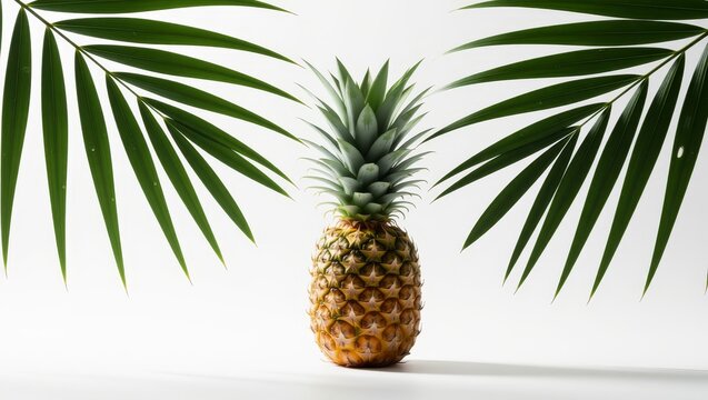 Pineapple with palm leaves and water droplets on white background