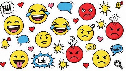 Collection of various funny, angry, and confused emoji faces with speech bubbles and hearts isolated on white background