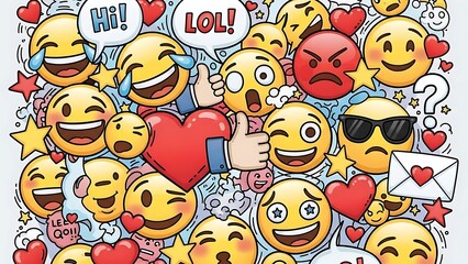 Doodle art collection of various expressive emoji faces with hearts and speech bubbles