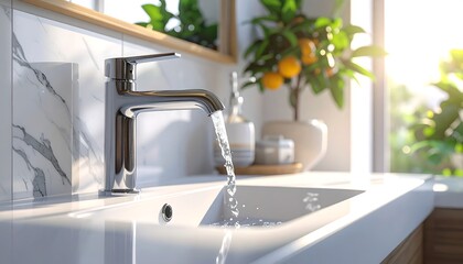Modern bathroom sink with running water, sunny atmosphere
