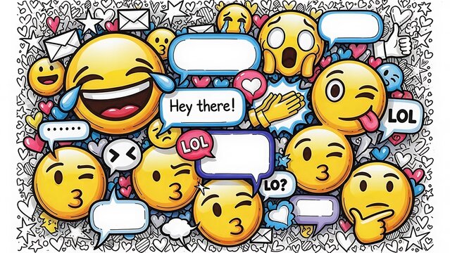Collection of colorful and detailed emoji faces with speech bubbles in a doodle style