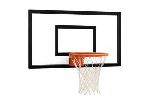 Basketball backboard, orange hoop, and white net on transparent background, symbolizing sport, game, and competition