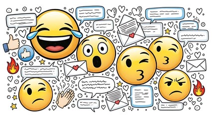 Collection of popular social media emojis and chat bubbles representing online communication and emotion