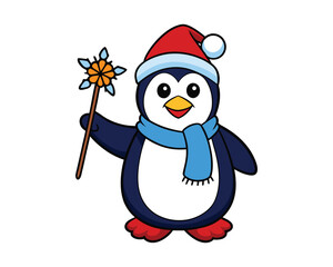 happy penguin holding snowflake wand for winter colorful cartoon illustration vector design