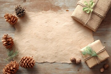 Aged paper texture on rustic wooden surface with pinecones wrapped gifts and natural decor