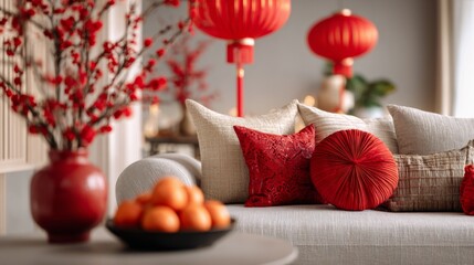 Living room decorated for Chinese New Year with red accents  