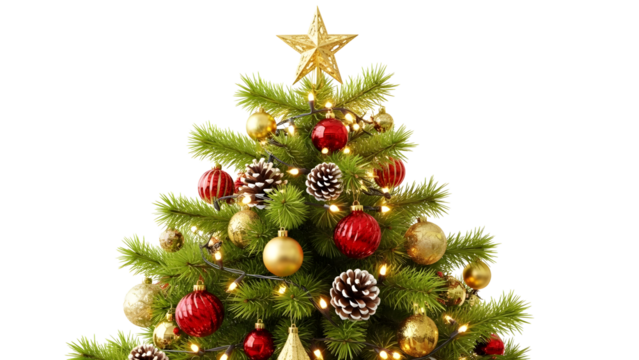 Decorated christmas tree with gold star and red balls isolated on transparent background 