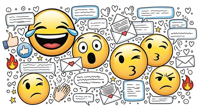Collection of popular social media emojis and chat bubbles representing online communication and emotion