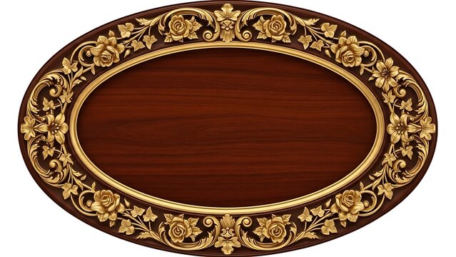 Ornate oval wooden plaque with rich golden floral carving for nameplate or sign