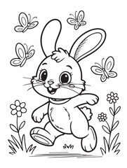 Cheerful line art shows a cute bunny walking through flowers with butterflies around it