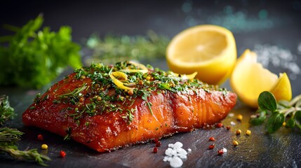 Delicious Smoked Salmon Fillet with Fresh Herbs and Lemon Slices.