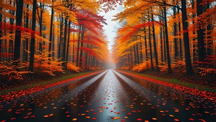 Autumn forest road with wet pavement and fallen leaves